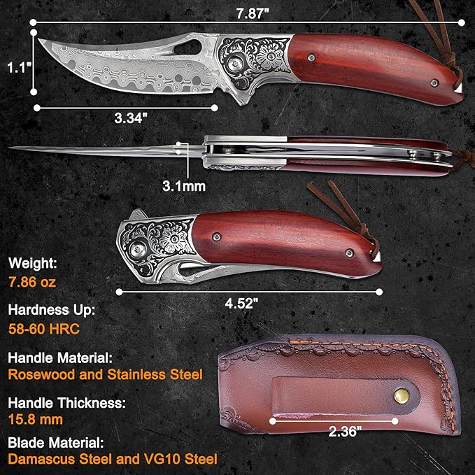KOMWERO Damascus Pocket Knife for Men Women, Sharp VG10 Core Damascus Steel Knife for Outdoor
