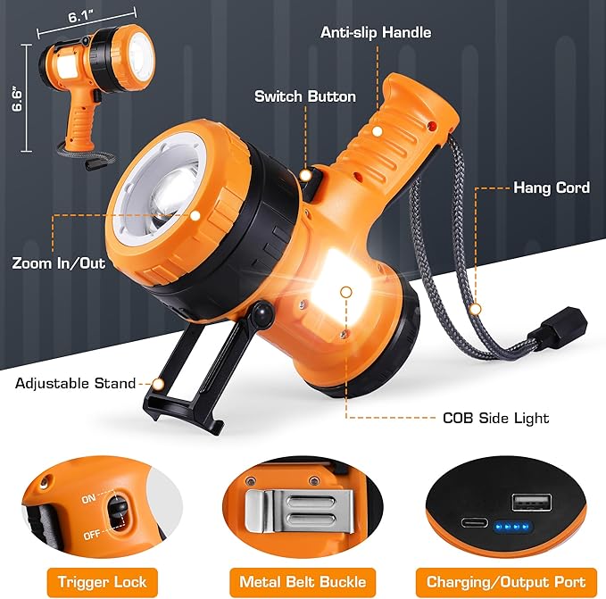 EverBrite Zoomable Rechargeable Spotlight with Foldable Stand, Handheld LED Spotlight Flashlight