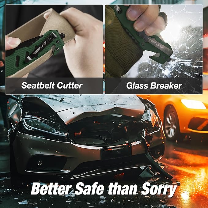 FLISSA Folding Pocket Knife with Clip, Glass Breaker and Seatbelt Cutter, Survival Knife for
