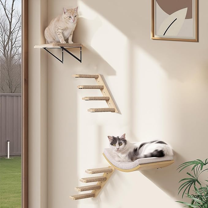 4-Piece Cats Wall Furniture with Cat Window Perch – Wood Wall Mounted Cat Shelves Set with
