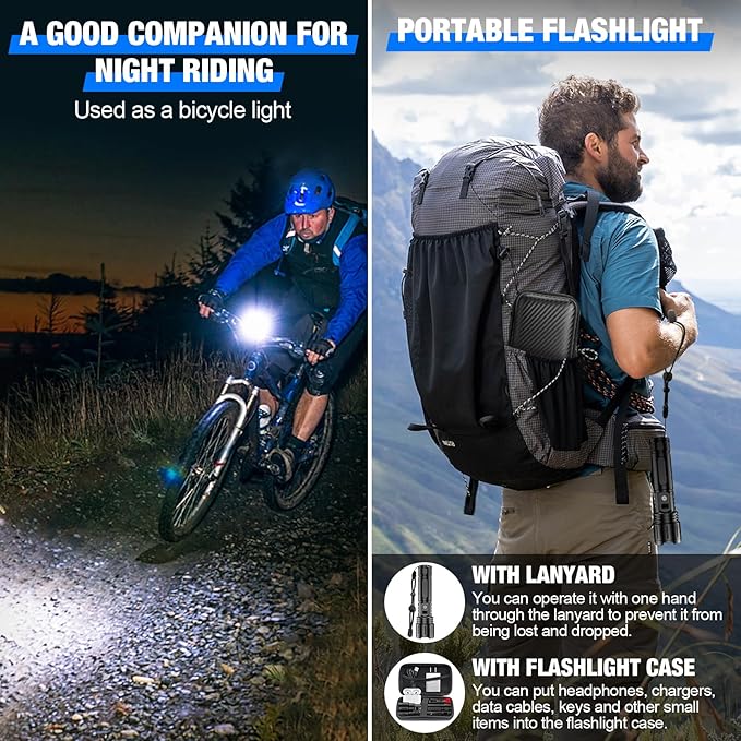 LED Flashlights High Lumens Rechargeable, Super Bright Powerful Flashlight, Type-C, 5 Modes