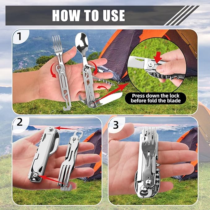 Portable 5-in-1 Camping Utensils - Detachable Travel Utensils Flatware Set - Compact Camping
