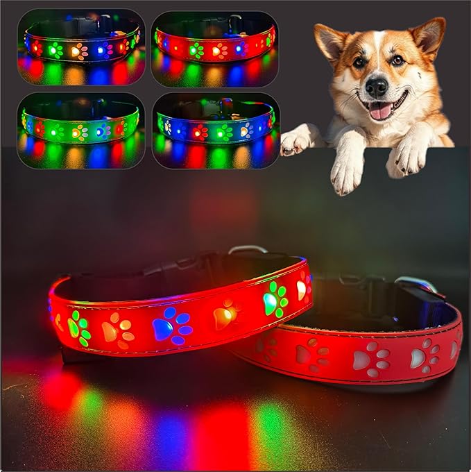 LED Light Up Dog Collar, USB-C Rechargeable, Multicolor Paw Print Design, 15 Modes Lighting Night