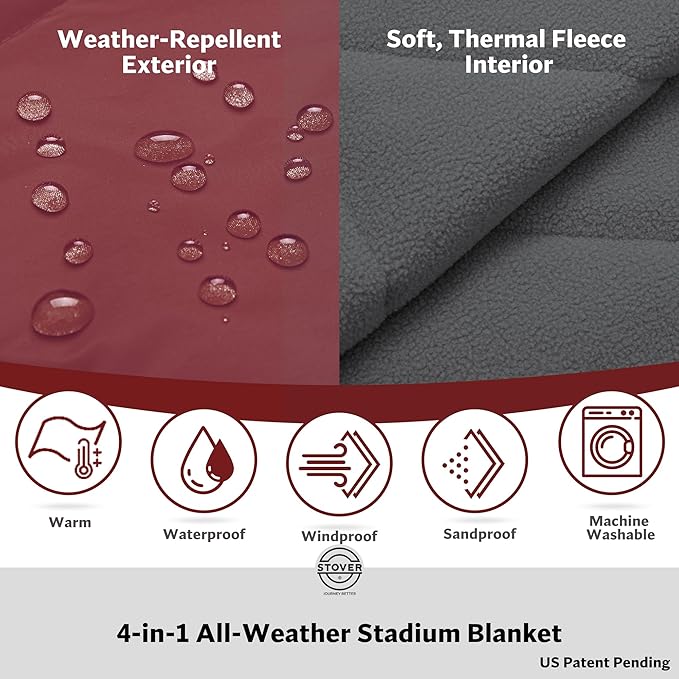 STOVER Waterproof Stadium Blanket – Portable Outdoor Camping Blanket for Travel, Picnics, or Sports