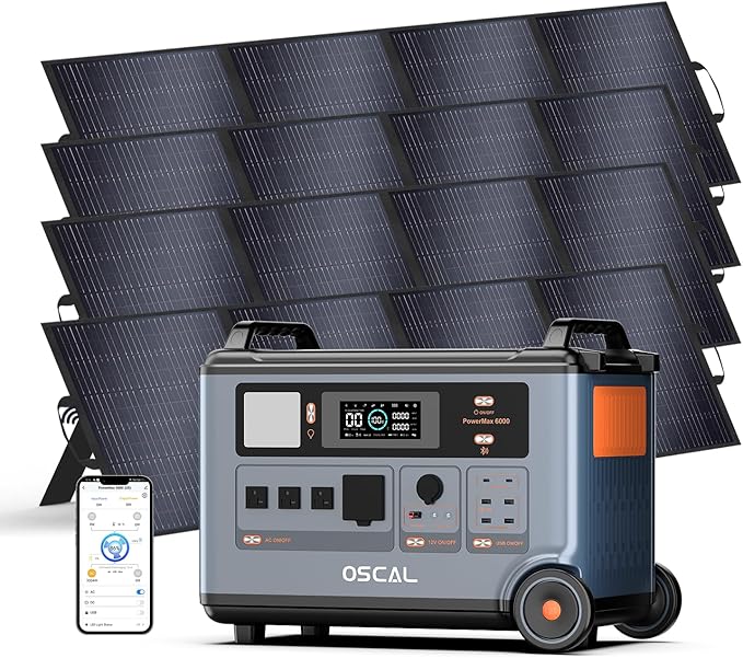 OSCAL PowerMax 6000 Solar Generator with 4x200W Solar Panel, 120V/240V 3600Wh Power Station 6000W