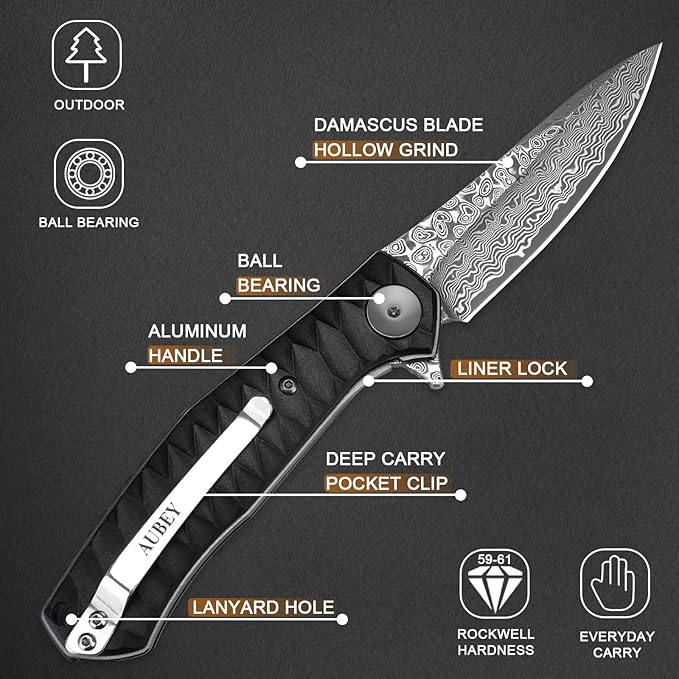 AUBEY Damascus Pocket Knife for Men with Clip EDC, 3.23" VG10 Core Damascus Steel Blade Folding
