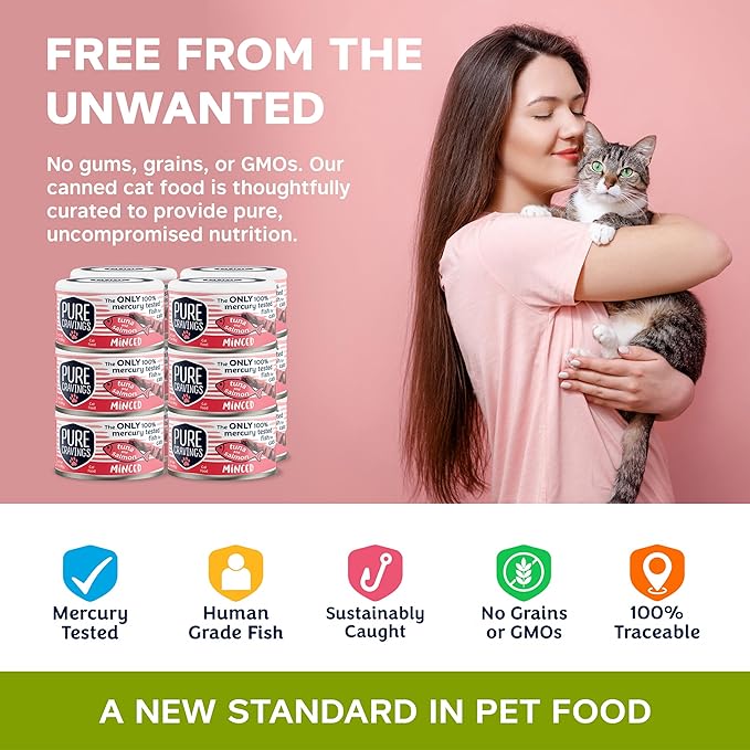 Pure Cravings Minced Tuna and Salmon Wet Canned Cat Food, 100% Mercury-Tested, Moist Can Fish for