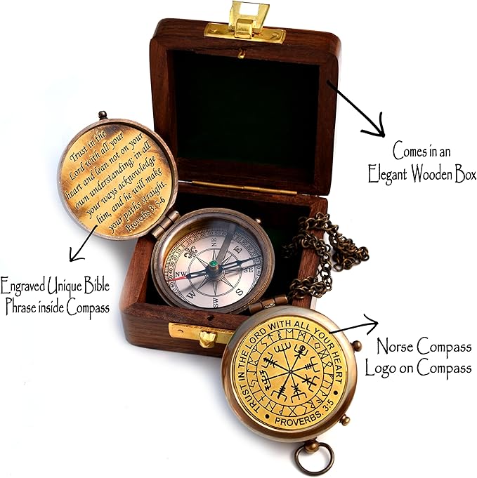 Trust in The Lord With All Your Heart - Proverbs 3:5-6 Quote Engraved Compass With Wooden Box