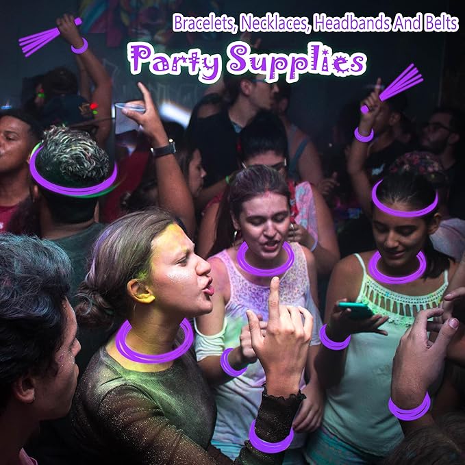 ILHSTY 100 Pcs 8'' Purple Glow Sticks Glow Necklaces In The Dark Party Favor Supplies Bright