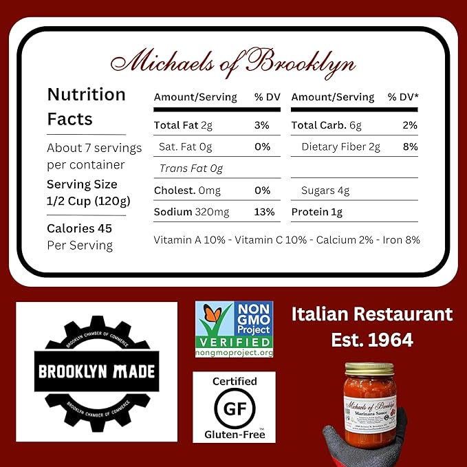 Michaels Of Brooklyn, Sauce, Tomato Basil, Pack of 6, Size 32 OZ, (GMO Free Low Sodium Vegan Wheat