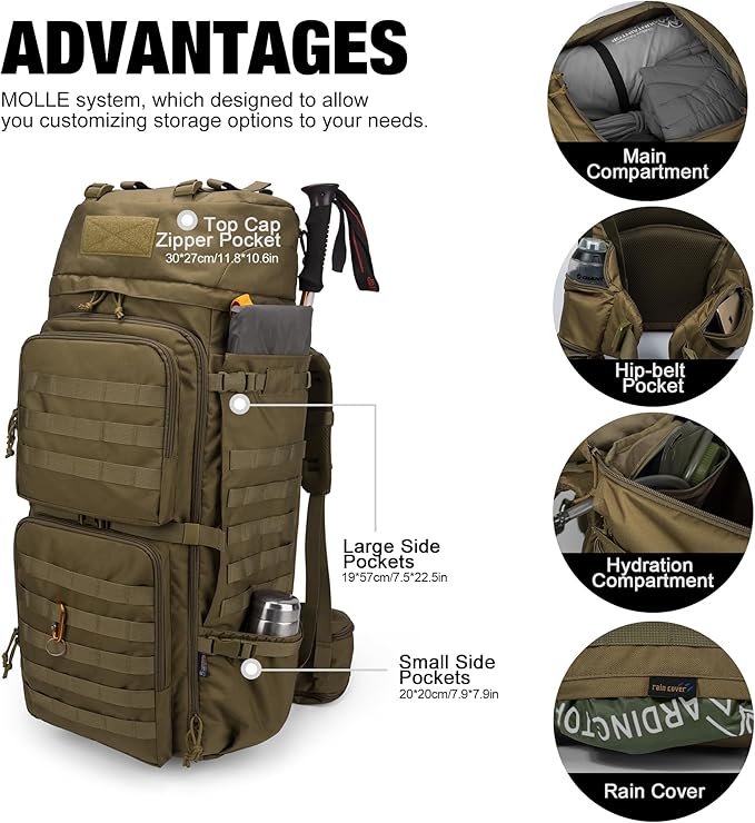 Mardingtop 75L Molle Hiking Internal Frame Backpacks with Rain Cover for