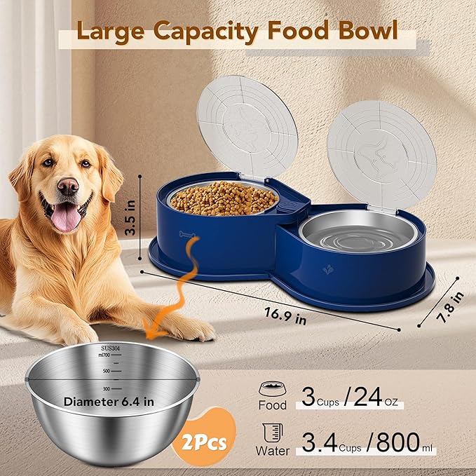 Stainless Steel Dog Bowl Set with Lids, 304 Metal Dual Food & Water Bowls for Dogs & Cats, Large