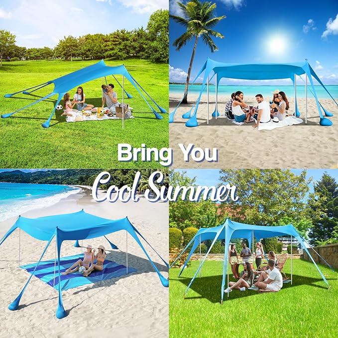 Rhino Valley Beach Tent Shade Canopy UPF50+ Protection, 8 Sandbags, 4 Stability Poles, Outdoor Sun