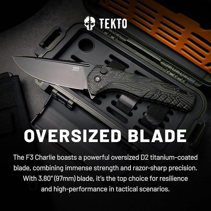 F3 Charlie Button Lock Folding Knife, Oversized Fine Edge Blade, Tactical Damascus G10 Handle