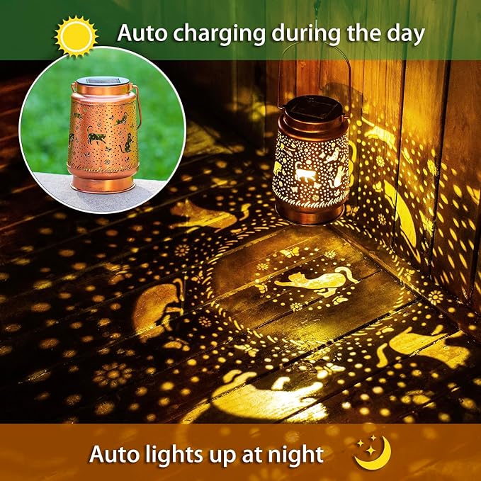 2 Pack Cat Solar Lanterns Outdoor Waterproof Hanging Solar Lights Cat Gifts for Women Men Metal