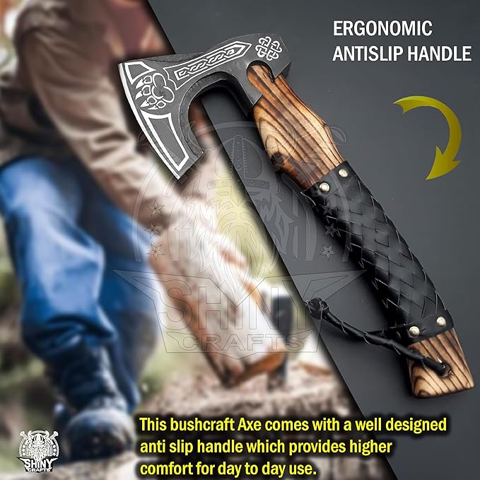 SHINY CRAFTS®- Decorative Viking Axe – Unique Gift for Dad Carbon Steel Blade with Leather Handle