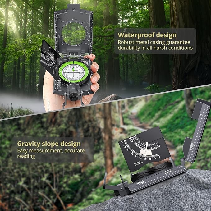 Compass Hiking Survival, IP65 Waterproof Metal Compass with Sighting Clinometer and Carry Bag