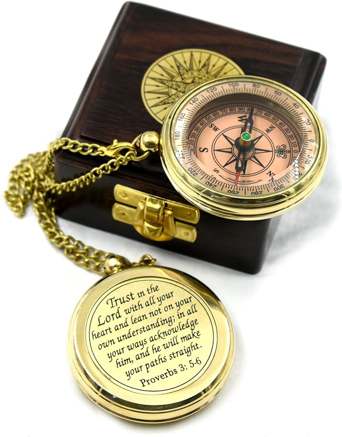 Trust in The Lord With All Your Heart - Proverbs 3:5-6 Quote Engraved Compass With Wooden Box