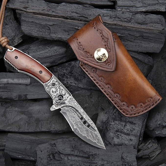 hand made damascus steel pocket knife, 3.1 inch outdoor folding knife, camping rosewood handle with