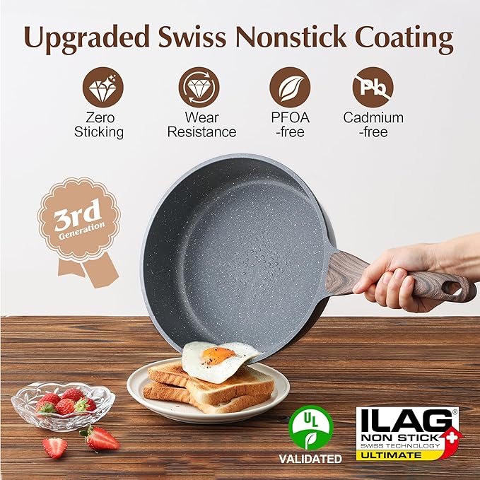 SENSARTE Nonstick Skillet, Deep Frying Pan 10/11/12-inch, Saute Pan with Lid, Stay-cool Handle
