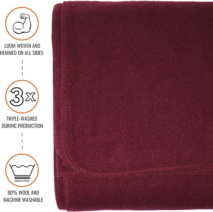 Arcturus Military Wool Blanket - Warm, Thick, Washable - Great for Outdoors, Camping, Stadium