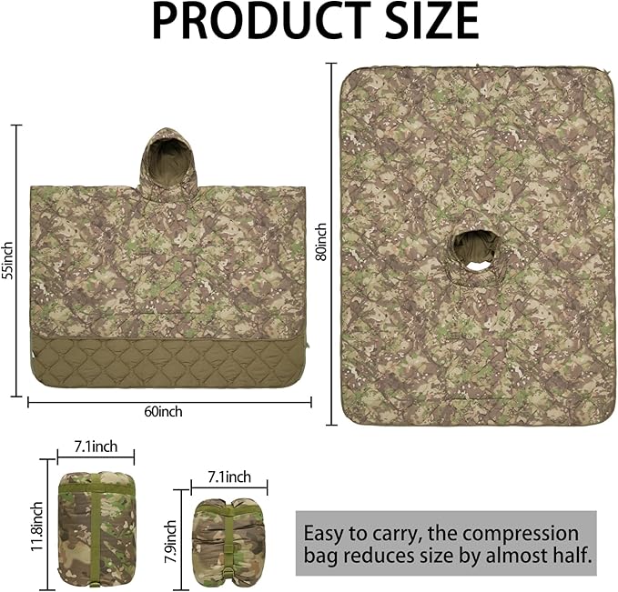 Poncho Liner Hoodie with Pocket Insulated Military Sleeping Bag Water Resistant for Outdoor Camping