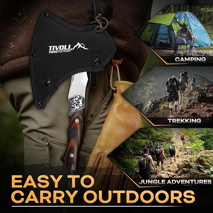 TIVOLI Camping Axe, Tiger - Patterned Survival Hatchet with Nylon Sheath, High Carbon Steel Blade