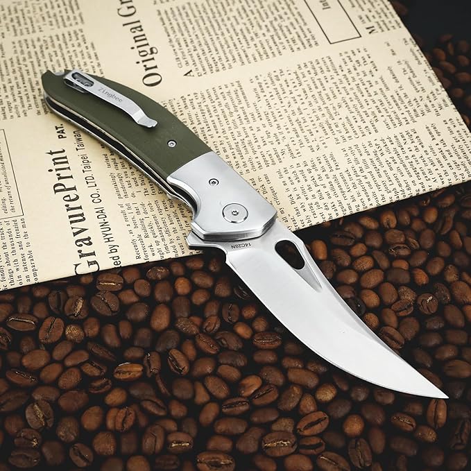 Pocket Knife with Clip, 3.7" 14C28N Blade EDC Folding Knife with Green G10 Handle, Outdoor Camping