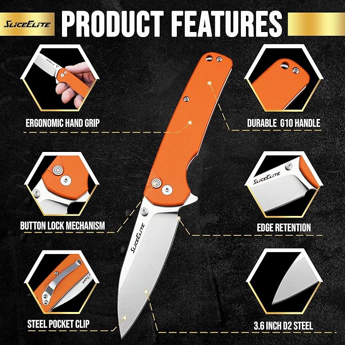 SliceElite 3.6-Inch Aztec Tiger Folding Knife | Pocket Knife with Orange G10 Composite Handle, D2