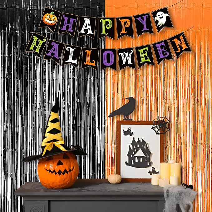 BRAVESHINE 1 Black 1 Orange Tinsel Photo Backdrop Curtains - 3.2x8.2ft Foil Fringe Streamer Curtain