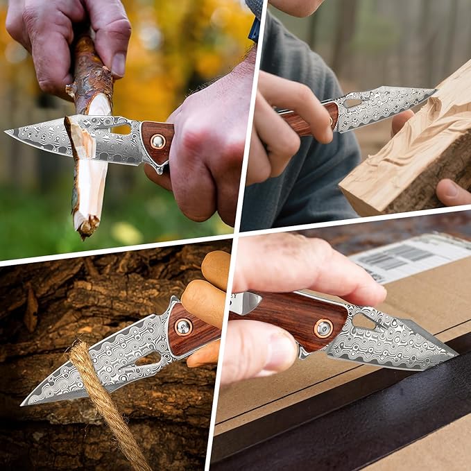 AUBEY Damascus Folding Knife with Clip, Pocket Knife with Wood Handle, EDC Knife for Outdoor Hiking