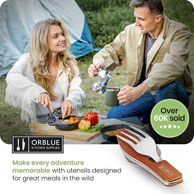 Orblue 4-in-1 Camping Eating Utensils, 2-Pack - Portable Spoon, Fork, Knife & Bottle Opener Combo
