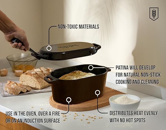 KooK Dutch Oven, for Bread Baking, Sourdough Loaf Pan, with Lid, Dual Handles, Enameled Cast Iron