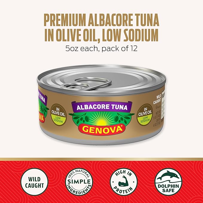 Genova Premium Albacore Tuna in Olive Oil, 5 Ounce Cans (Pack of 12), Low Sodium, Wild Caught
