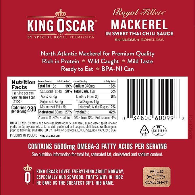 King Oscar Mackerel in Sweet Thai Chili Sauce, 4.05 Ounce Can (Pack of 12), Skinless & Boneless