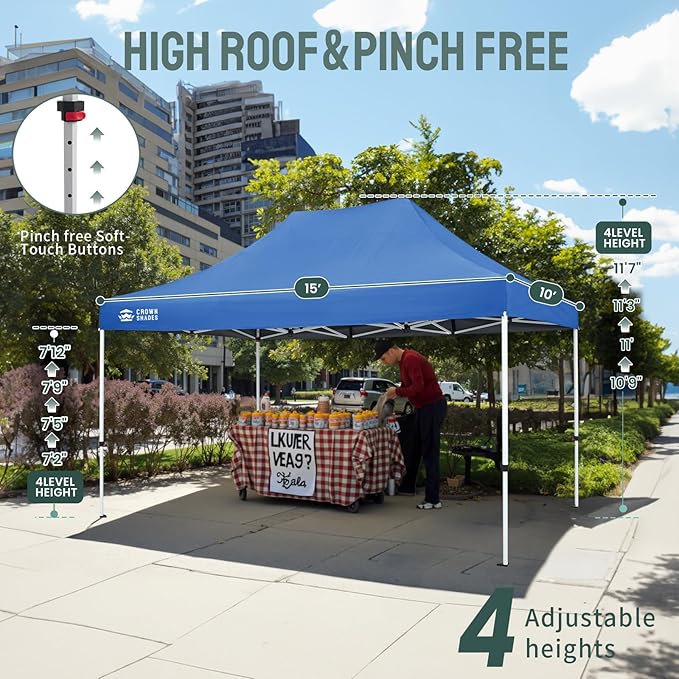 CROWN SHADES 10x15 Pop Up Canopy Tent, Thicken Frame Commercial Heavy Duty Tent, 8 Stakes & 4