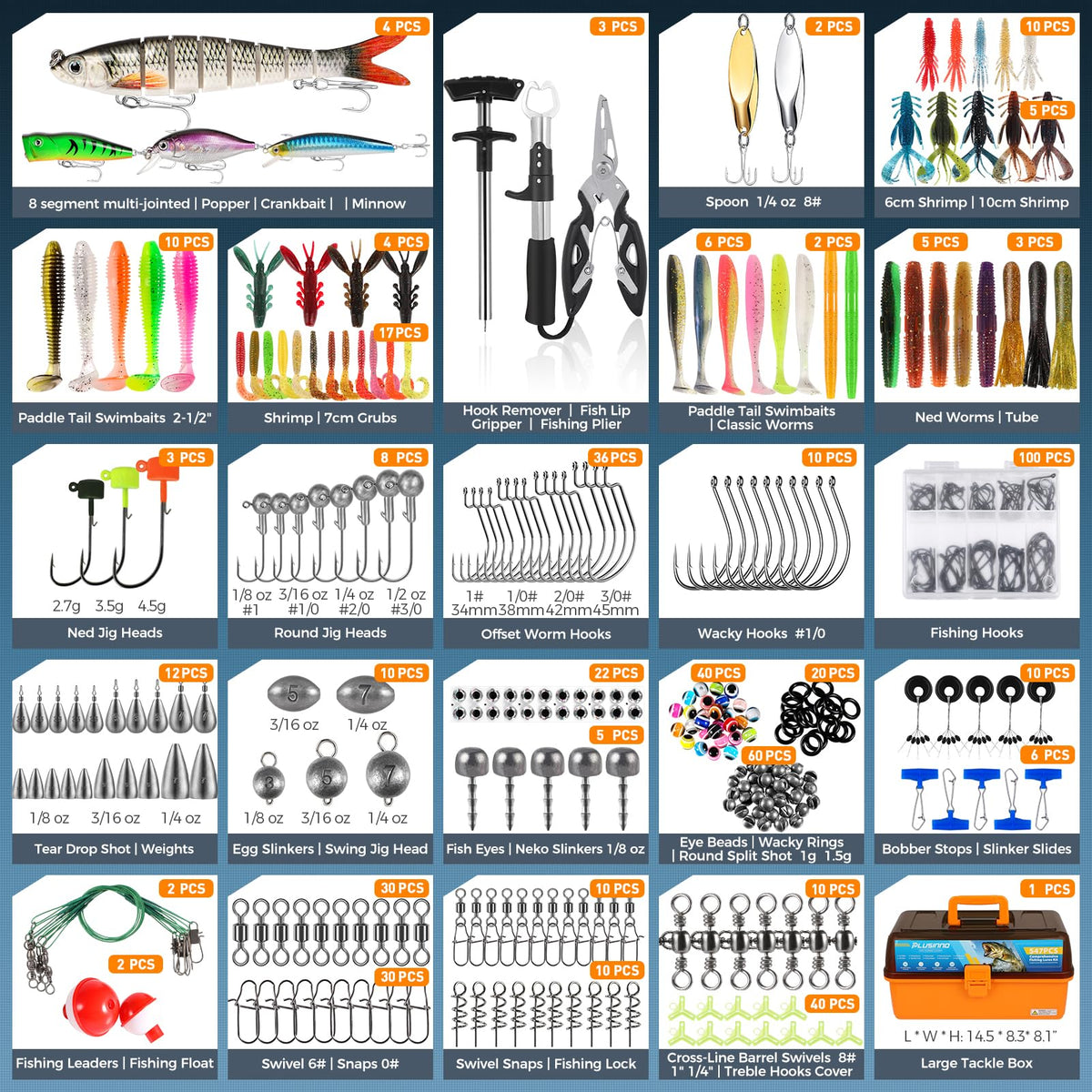 PLUSINNO Fishing Tackle Kit, Large 12X Spacious 4-Layer Tackle Box, 547 Pcs