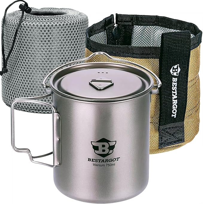 Bestargot Camping Titanium Pot, 750ml Outdoor Cup with Insulation Cup Carrier, Titanium Camping