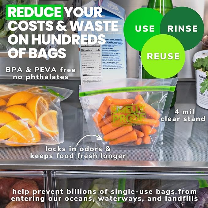Smelly Proof 10 x Expandable Stand-Up & Fill REUSABLE Storage Bags for Food Designed & Mfg in US