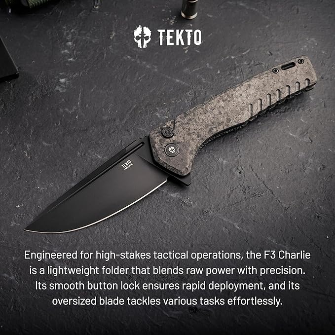 F3 Charlie Button Lock Folding Knife, Oversized Fine Edge Blade, Tactical Forged Carbon G10 Handle