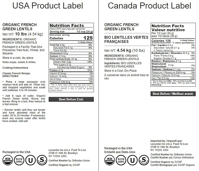 Food to Live Organic French Green Lentils, 10 Pounds ??Non-GMO, Whole Dry Beans, Raw, Sproutable