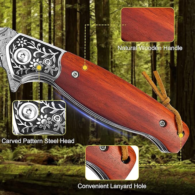 KOMWERO Damascus Pocket Knife, VG10 Damascus Steel Folding Knife with Wood Handle, Leather Sheath