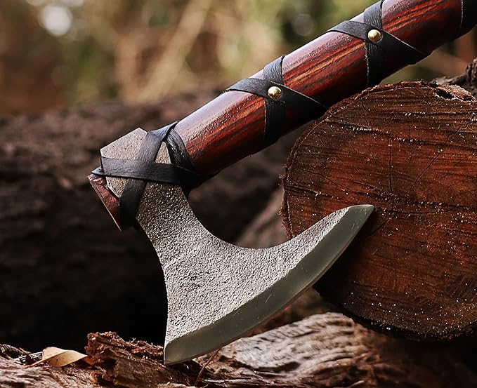 WAZIR Crafts Viking Axe | 17″ Hand-Forged Carbon Steel Tomahawk with Rosewood Handle & Leather