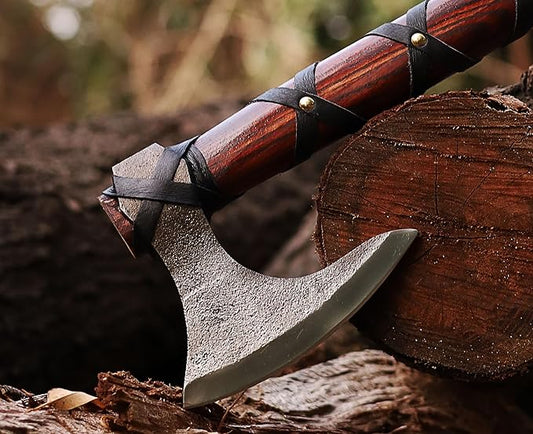 WAZIR Crafts Viking Axe | 17″ Hand-Forged Carbon Steel Tomahawk with Rosewood Handle & Leather
