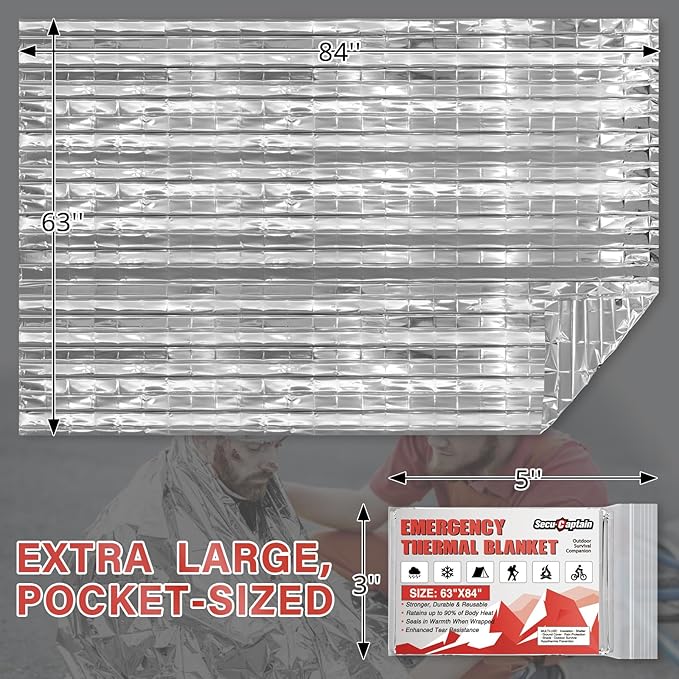 SecuCaptain Survival Emergency Thermal Blankets: 50 Pack Extra Large 84??x63??Space Mylar Blanket