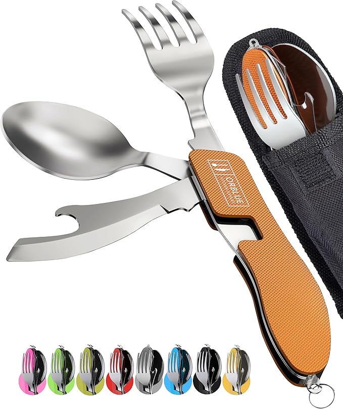 Orblue 4-in-1 Camping Eating Utensils, 2-Pack - Portable Spoon, Fork, Knife & Bottle Opener Combo