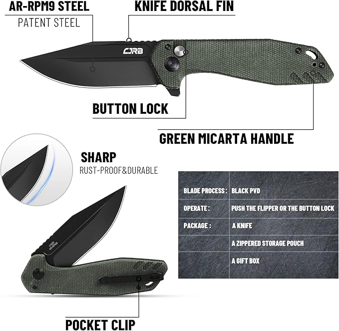 CJRB CUTLERY Folding Knife Riff (J1928) Button Lock Pocket Knife for Men Black PVD AR-RPM9 Steel