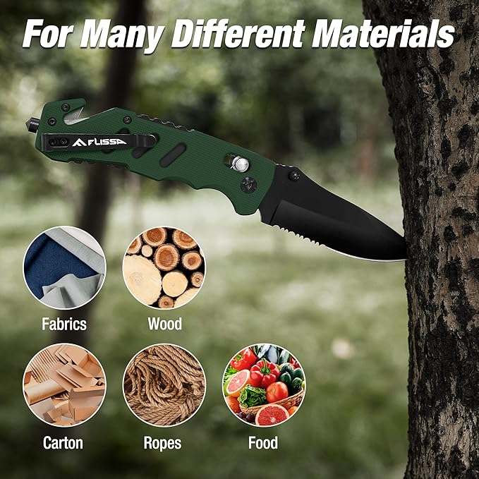 FLISSA Folding Pocket Knife with Clip, Glass Breaker and Seatbelt Cutter, Survival Knife for