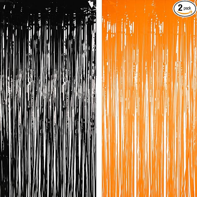BRAVESHINE 1 Black 1 Orange Tinsel Photo Backdrop Curtains - 3.2x8.2ft Foil Fringe Streamer Curtain