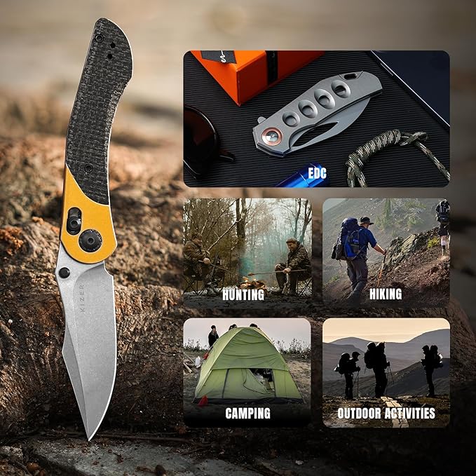 Kizer Mini Mystic Pocket Knife, 3.2" Nitro-V Blade EDC Knife with Black Burlap Micarta and Yellow